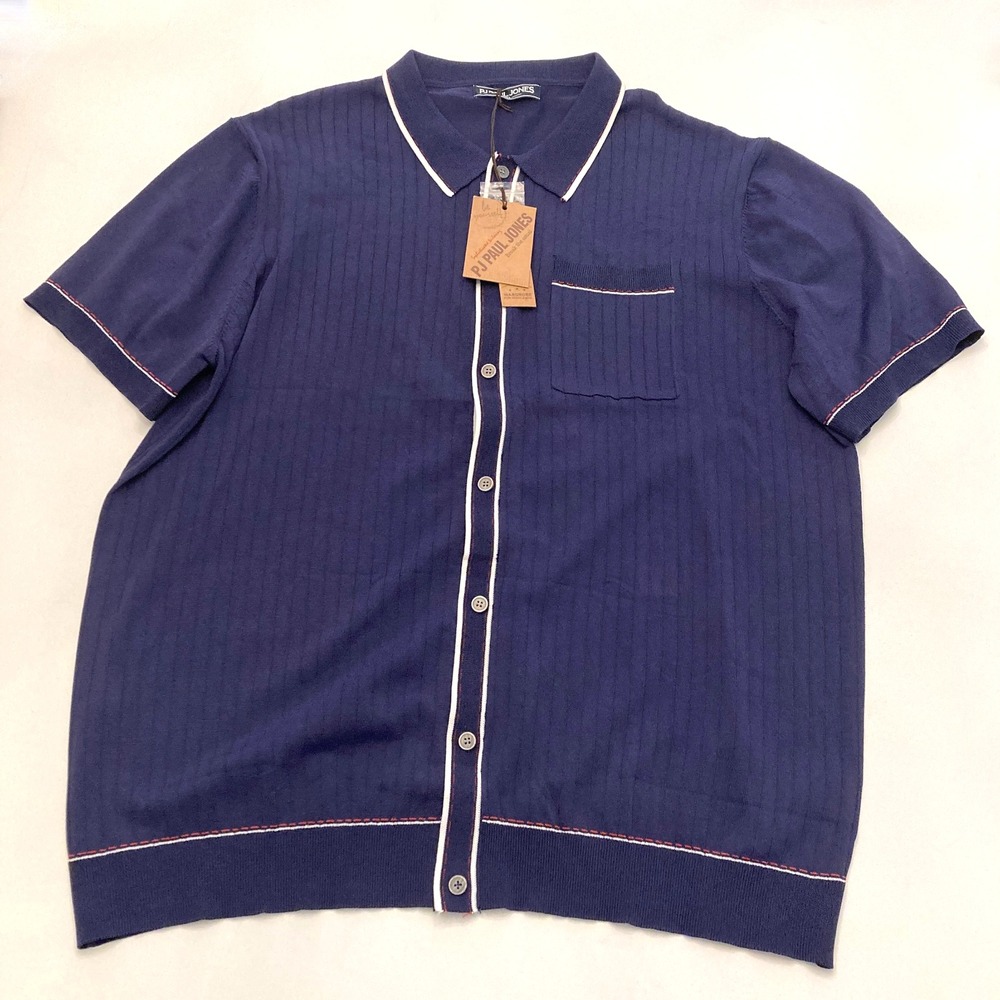 PJ Paul Jones Collar Knit Shirt Blue Button Up Pocket Short Sleeve Mens 2XL NEW
